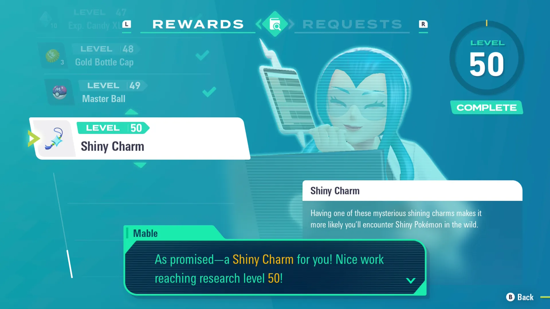 The page for Mable’s requests is shown, with the Level 50 Award, the Shiny Charm, just being unlocked.